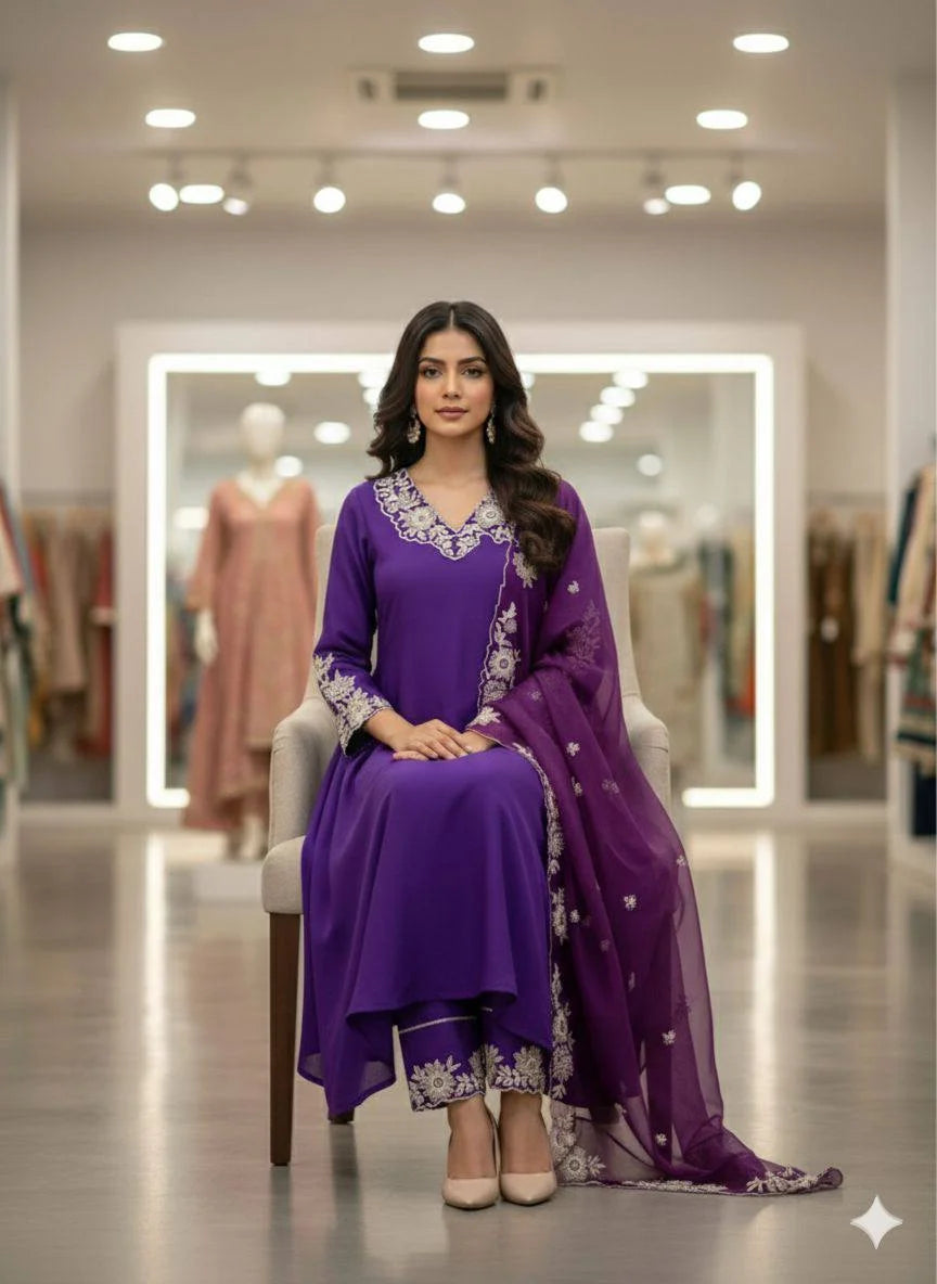 Designer Roman Silk Kurti Pant Suit with Embroidered Dupatta