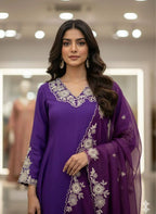 Designer Roman Silk Kurti Pant Suit with Embroidered Dupatta