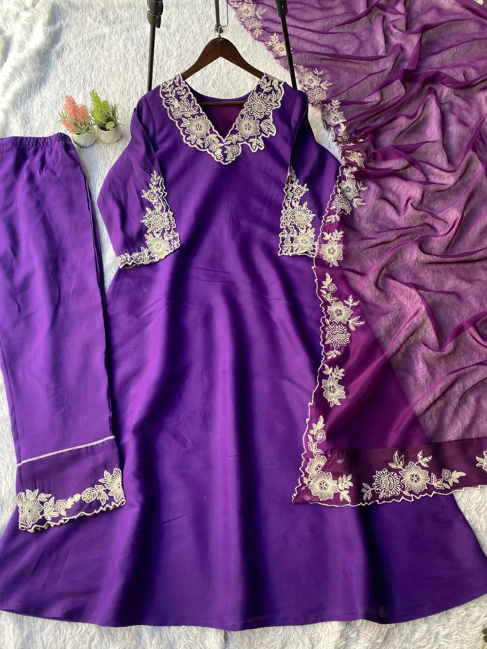 Designer Roman Silk Kurti Pant Suit with Embroidered Dupatta