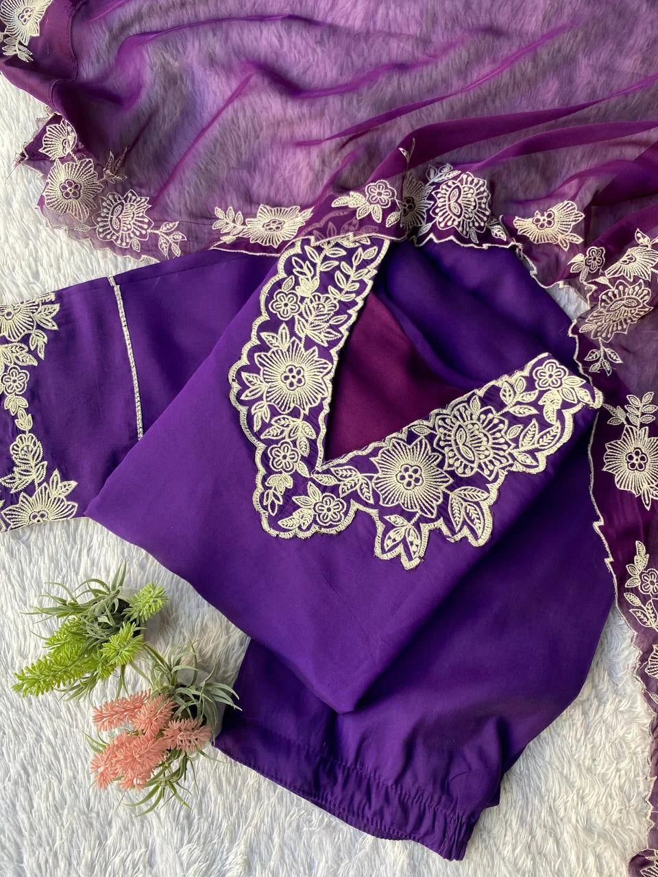 Designer Roman Silk Kurti Pant Suit with Embroidered Dupatta