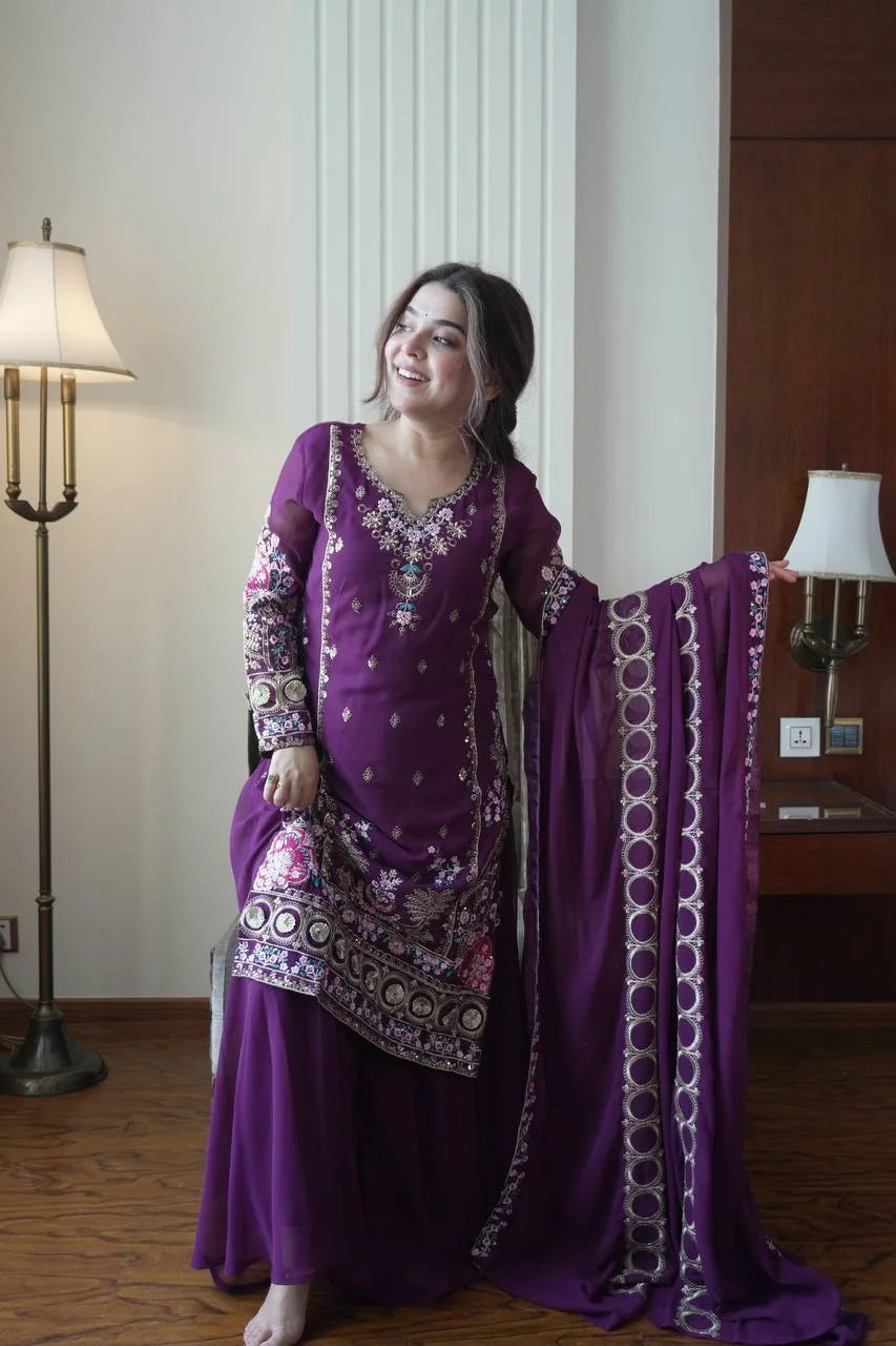 Festive Wear Fox Georgette Kurti Plazzo Set with Sequence Work