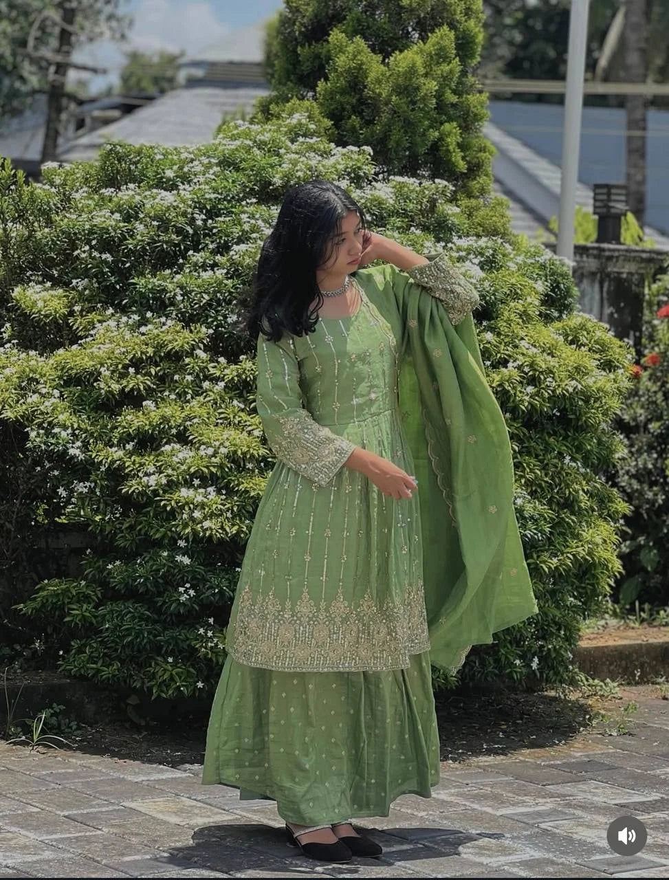 Party Wear Kediya Sharara Set in Chinon Silk with Heavy Sequence Embroidery