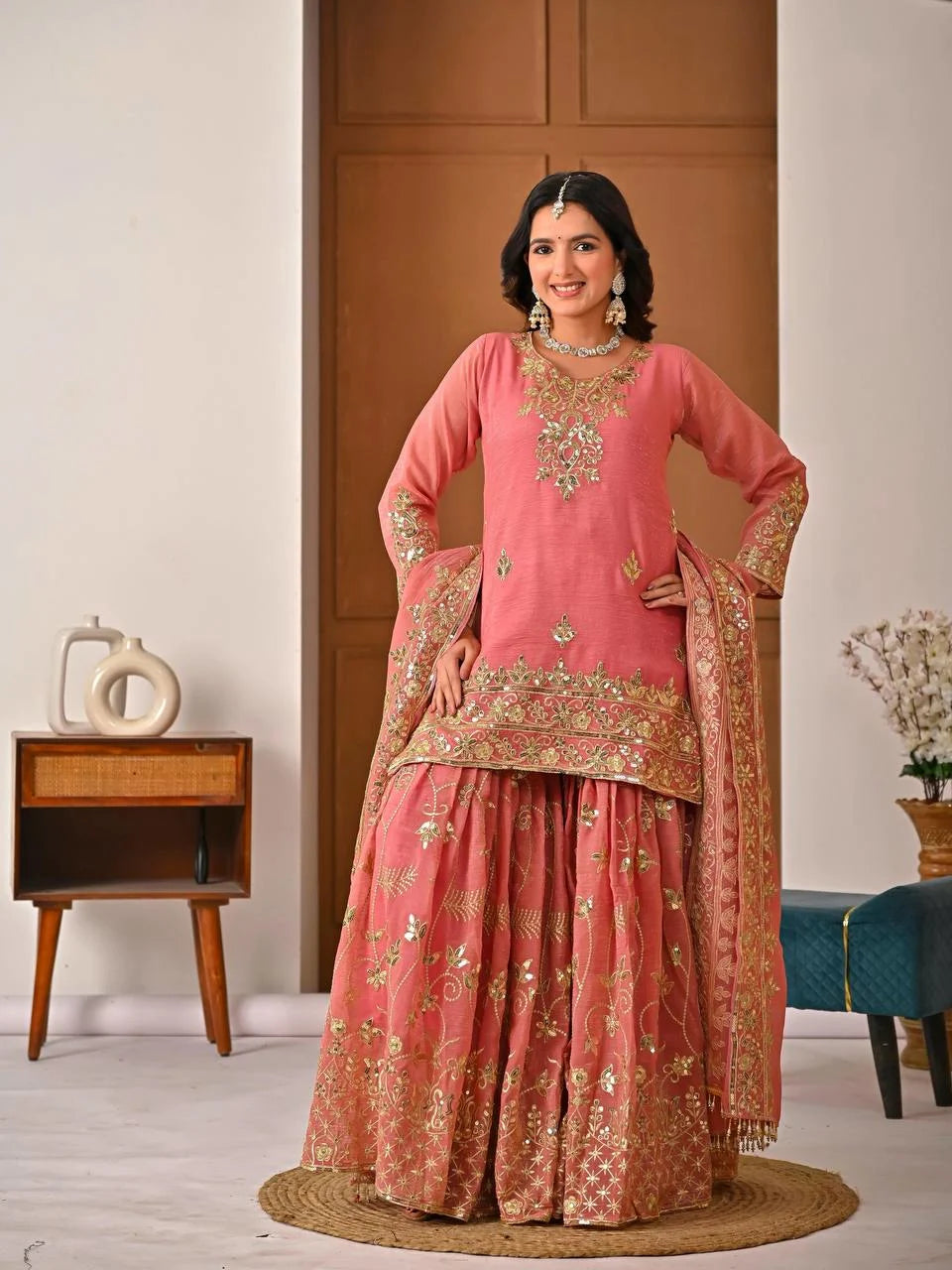 Trending Eid Special Silk Embroidered Kurti Sharara Set Outfit