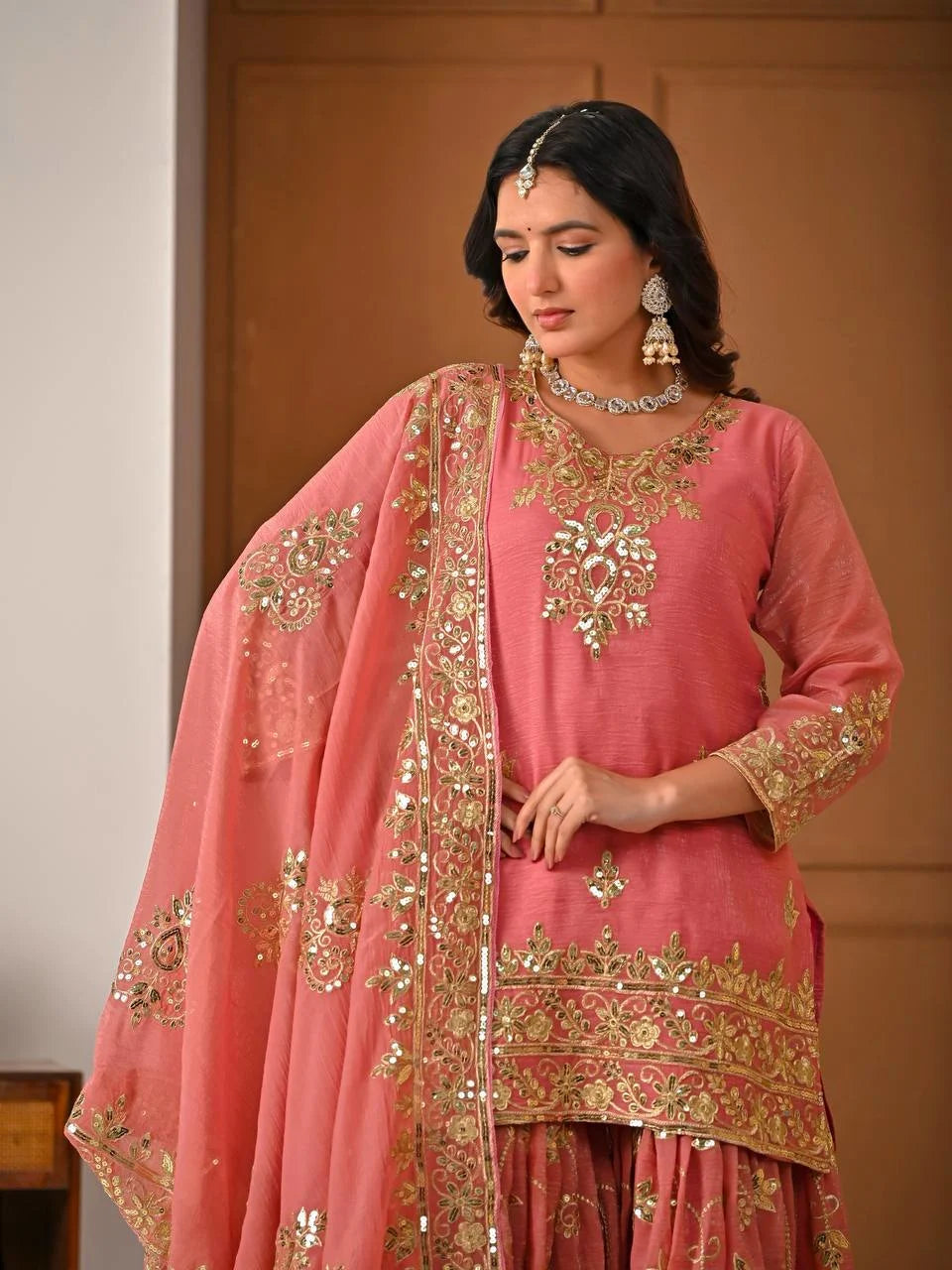 Trending Eid Special Silk Embroidered Kurti Sharara Set Outfit