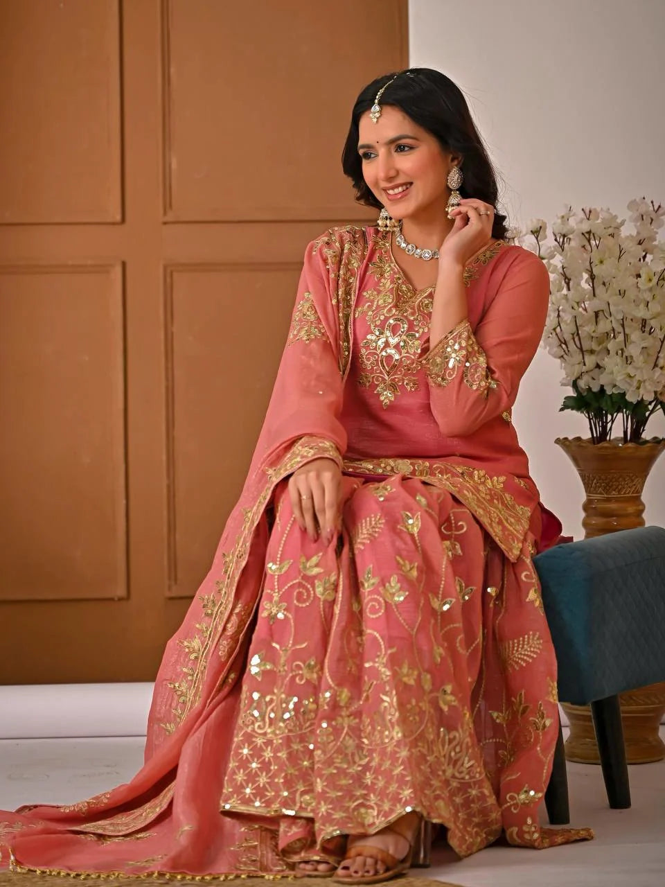 Trending Eid Special Silk Embroidered Kurti Sharara Set Outfit