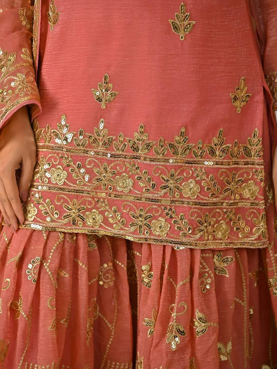 Trending Eid Special Silk Embroidered Kurti Sharara Set Outfit
