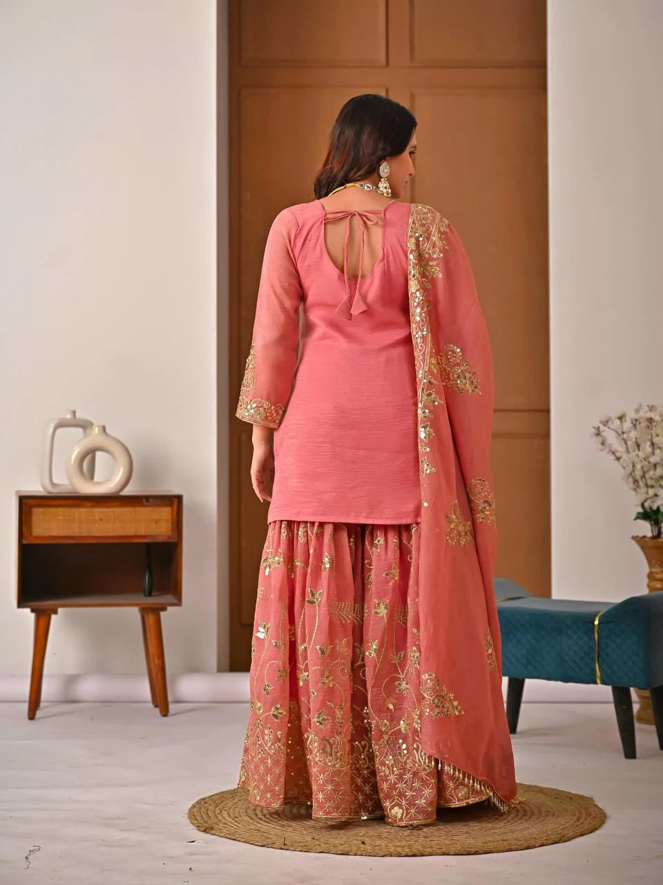 Trending Eid Special Silk Embroidered Kurti Sharara Set Outfit