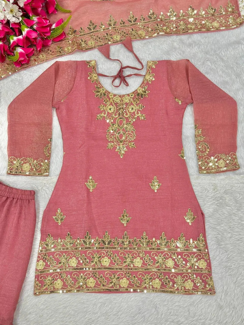 Trending Eid Special Silk Embroidered Kurti Sharara Set Outfit