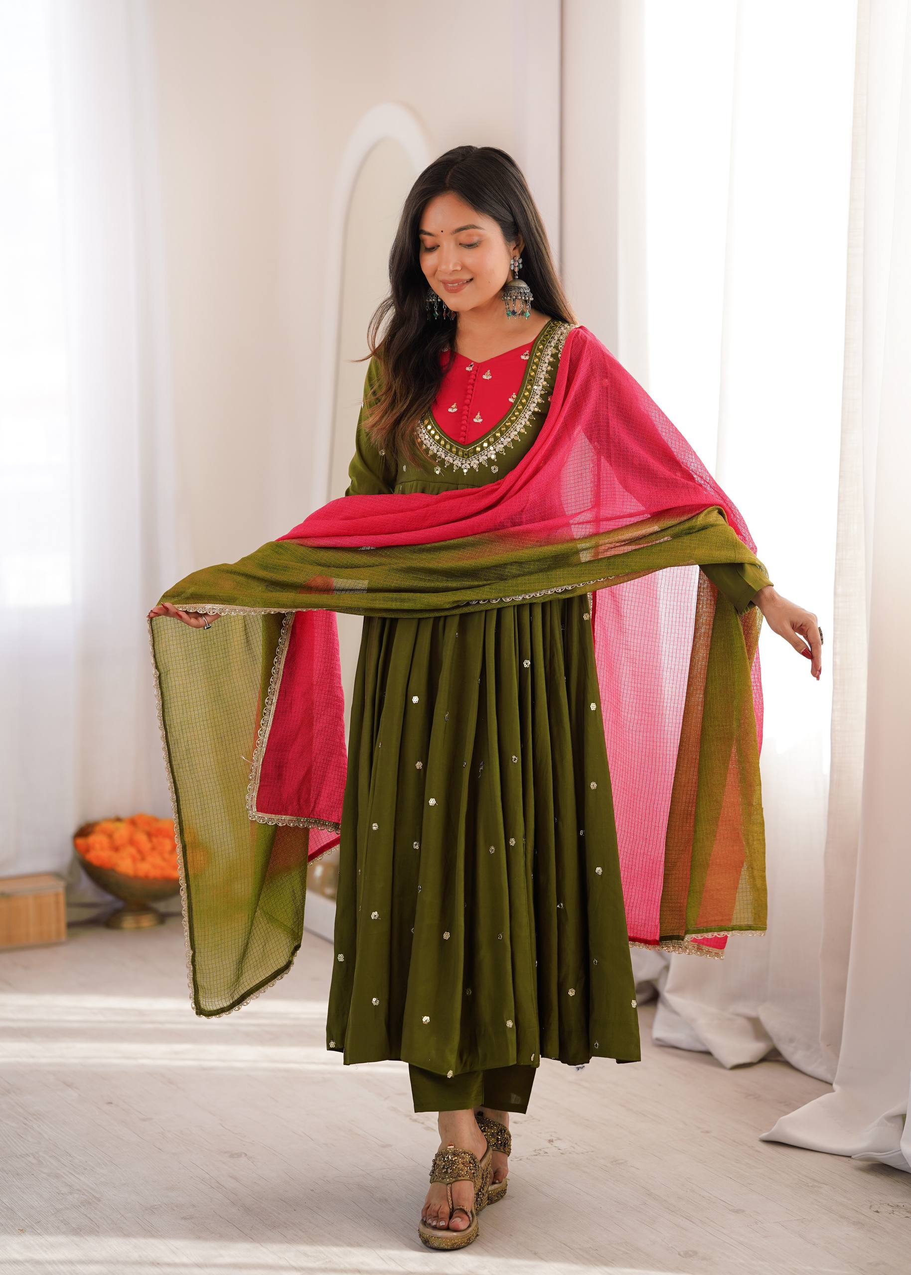 Traditional Anarkali Gown Pant Set with Dupatta for Festivals & Weddings