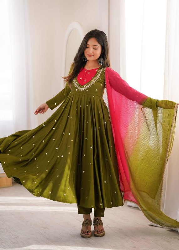 Traditional Anarkali Gown Pant Set with Dupatta for Festivals & Weddings
