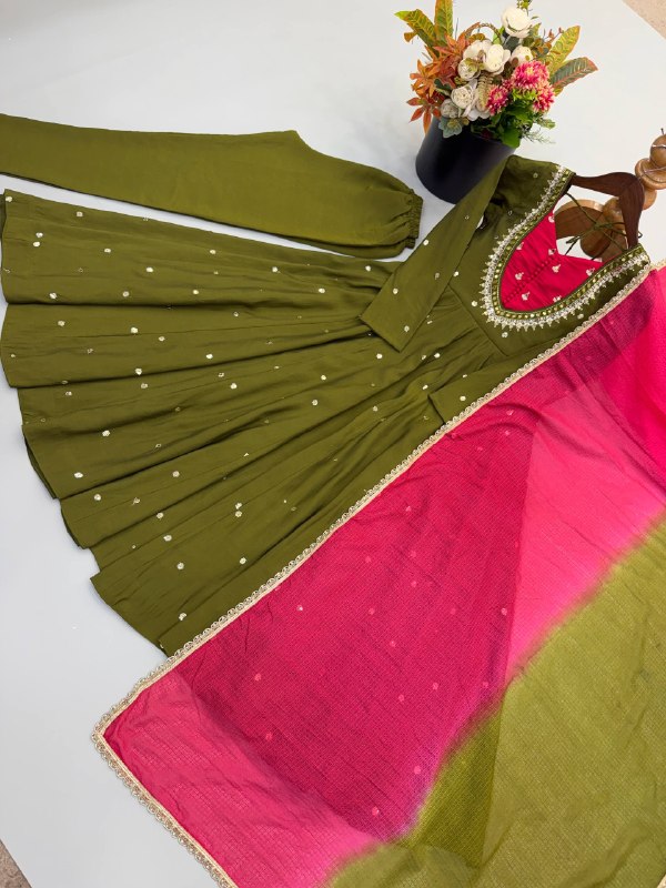 Traditional Anarkali Gown Pant Set with Dupatta for Festivals & Weddings
