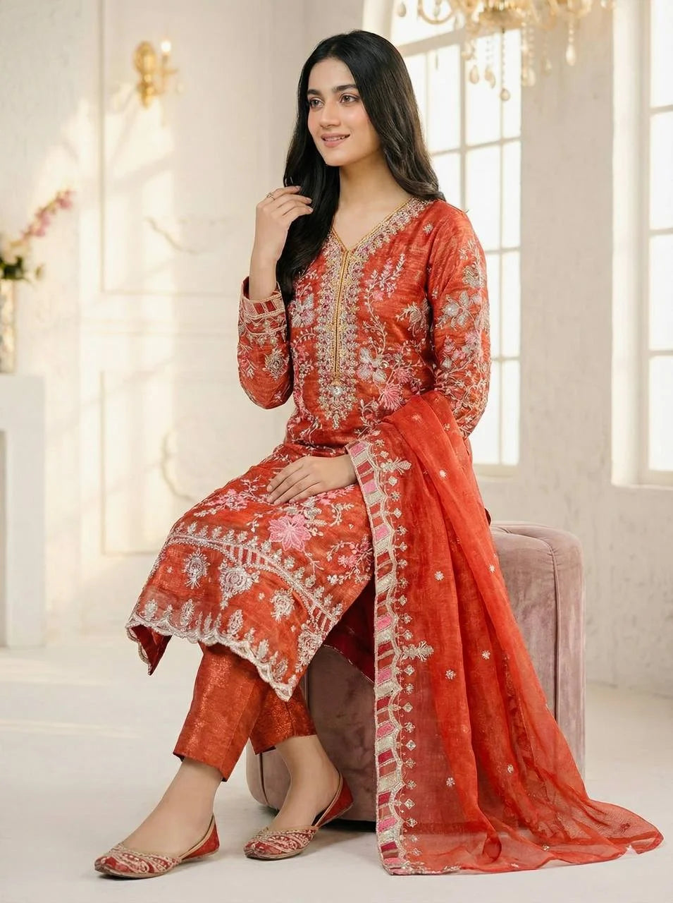 Designer Crunchy Silk Suit Set with Heavy Sequin Embroidery