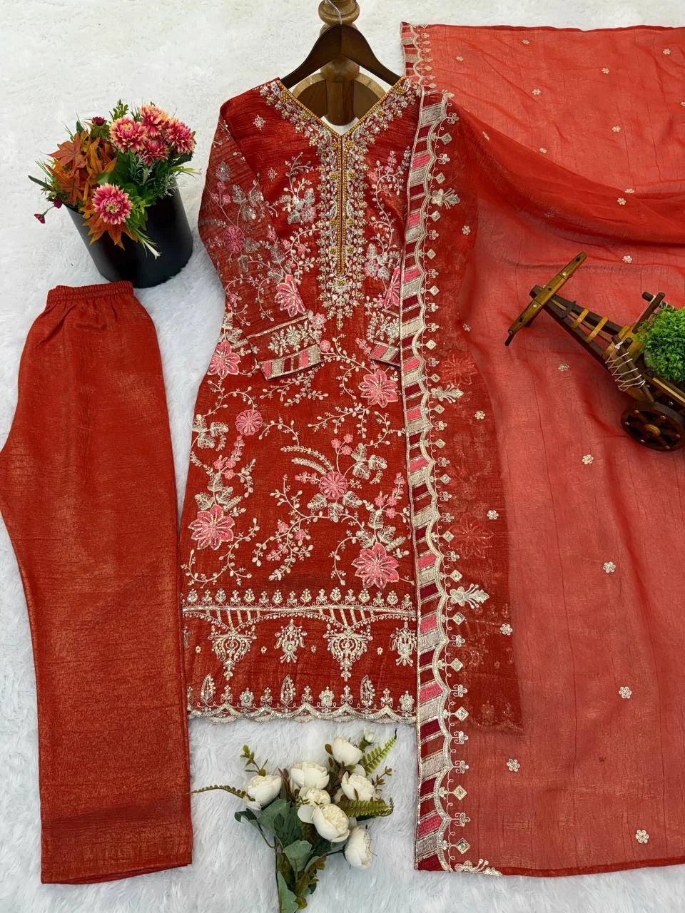 Designer Crunchy Silk Suit Set with Heavy Sequin Embroidery