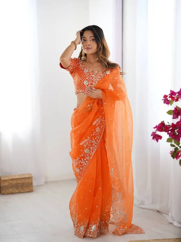 Luxury Organza Silk Saree with Sequen Embroidery & Unstitched Blouse