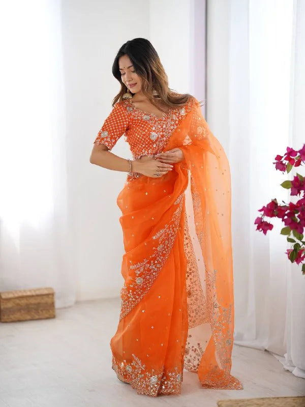 Luxury Organza Silk Saree with Sequen Embroidery & Unstitched Blouse