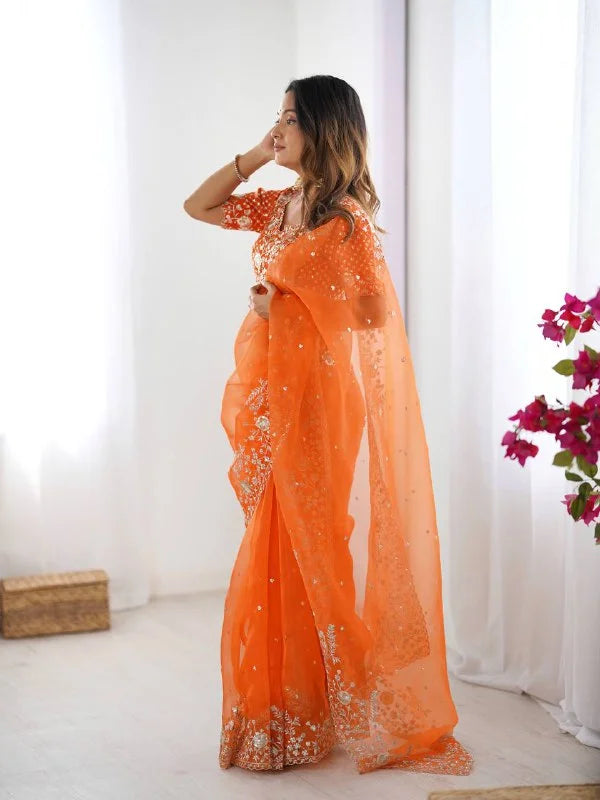 Luxury Organza Silk Saree with Sequen Embroidery & Unstitched Blouse