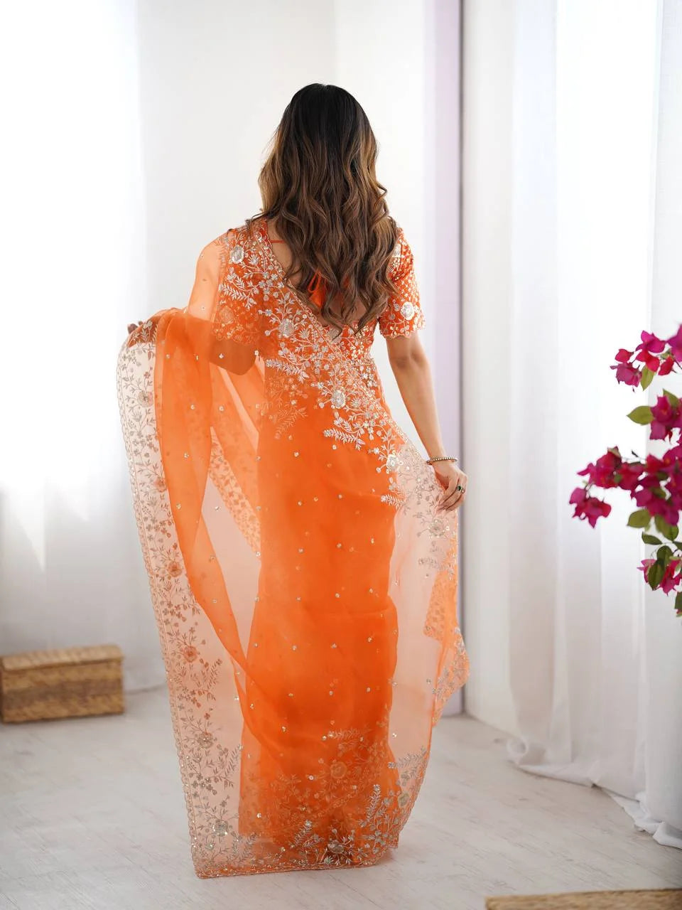 Luxury Organza Silk Saree with Sequen Embroidery & Unstitched Blouse