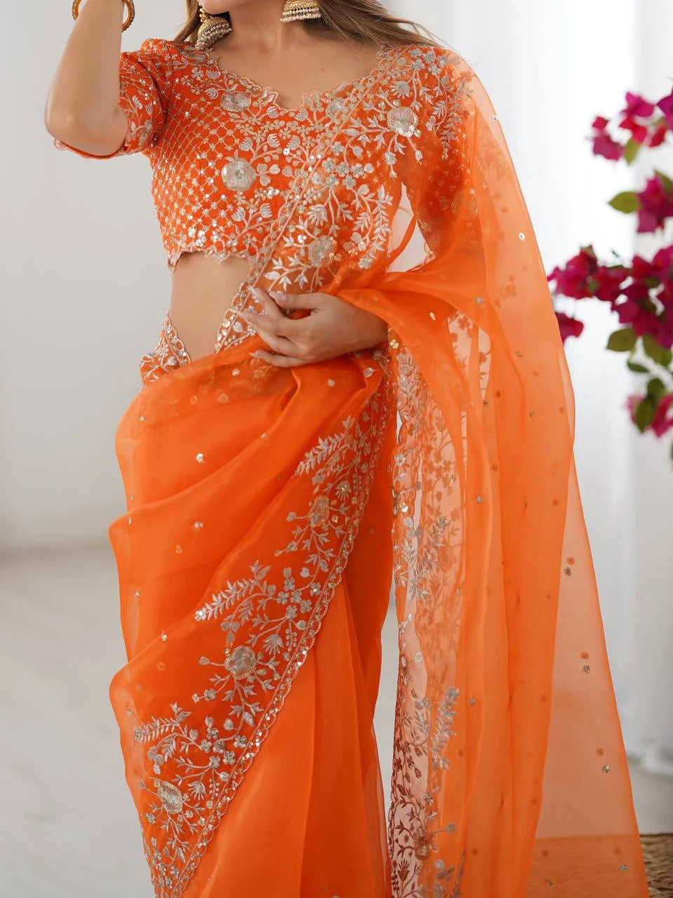 Luxury Organza Silk Saree with Sequen Embroidery & Unstitched Blouse
