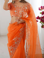 Luxury Organza Silk Saree with Sequen Embroidery & Unstitched Blouse