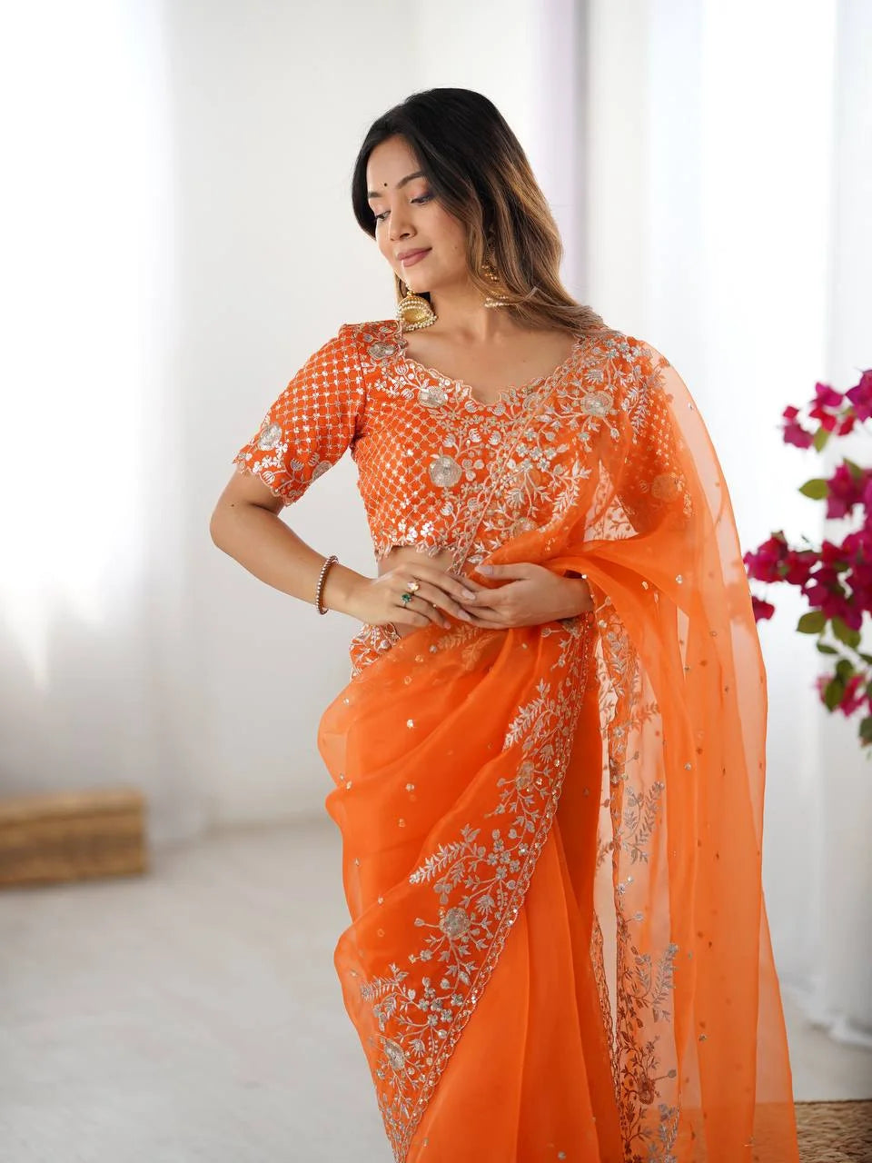 Luxury Organza Silk Saree with Sequen Embroidery & Unstitched Blouse