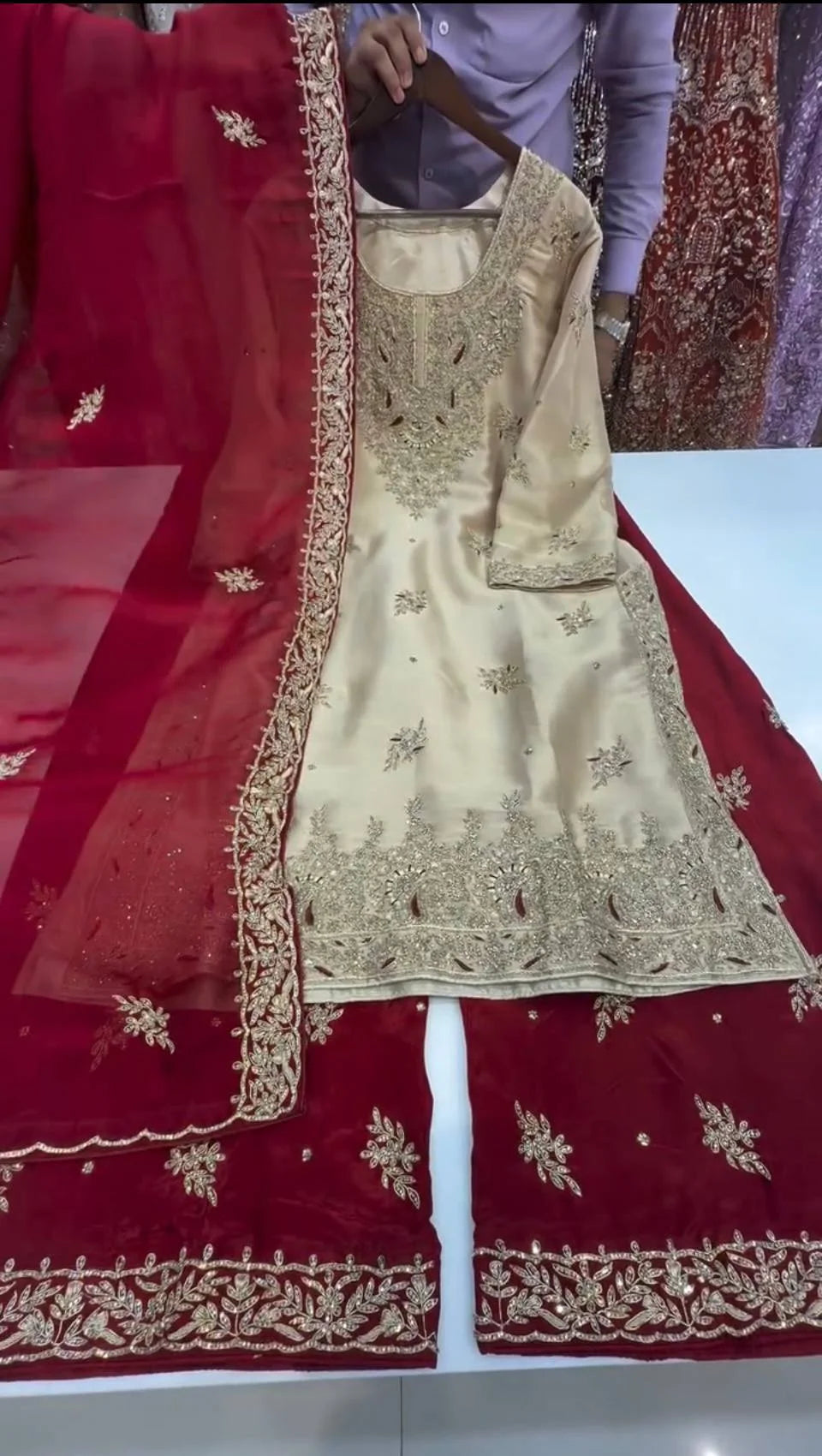 Heavy JC Silk Embroidered Top Bottom Set with Moti Work & Dupatta
