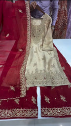 Heavy JC Silk Embroidered Top Bottom Set with Moti Work & Dupatta