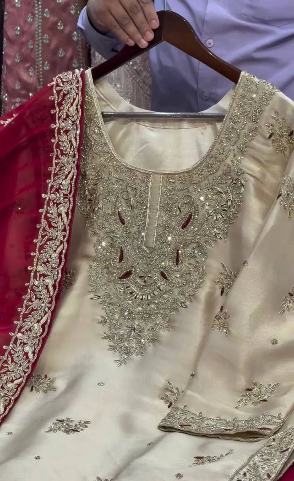 Heavy JC Silk Embroidered Top Bottom Set with Moti Work & Dupatta