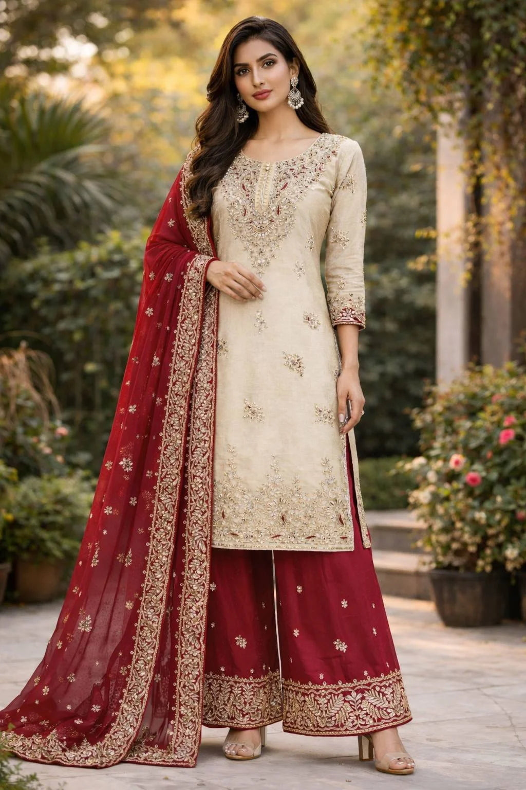Heavy JC Silk Embroidered Top Bottom Set with Moti Work & Dupatta