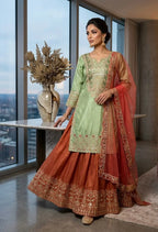 Elegant Pista Green Kurta Palazzo Set with Organza Dupatta & Sequence Embroidery Work