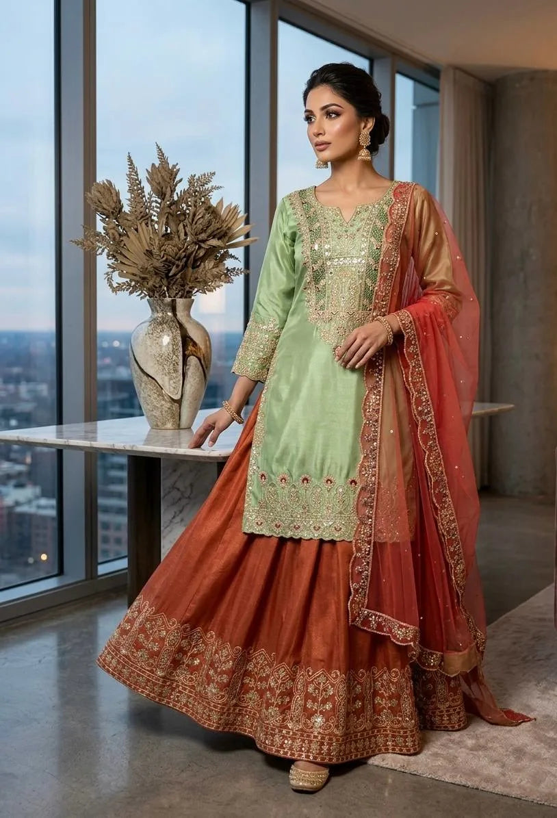Elegant Pista Green Kurta Palazzo Set with Organza Dupatta & Sequence Embroidery Work