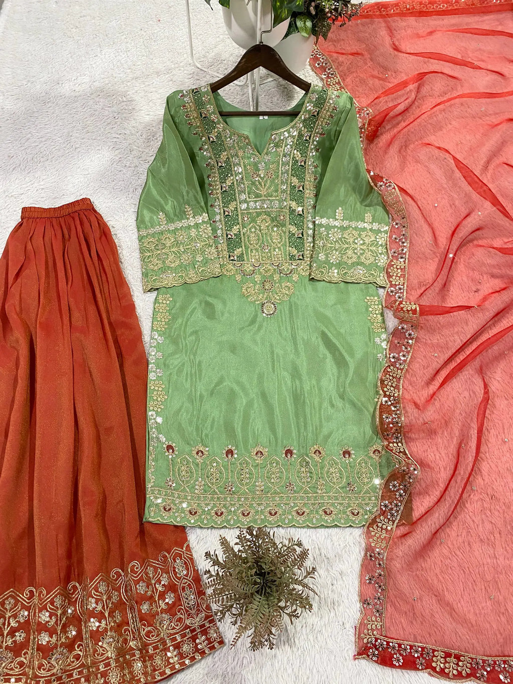 Elegant Pista Green Kurta Palazzo Set with Organza Dupatta & Sequence Embroidery Work