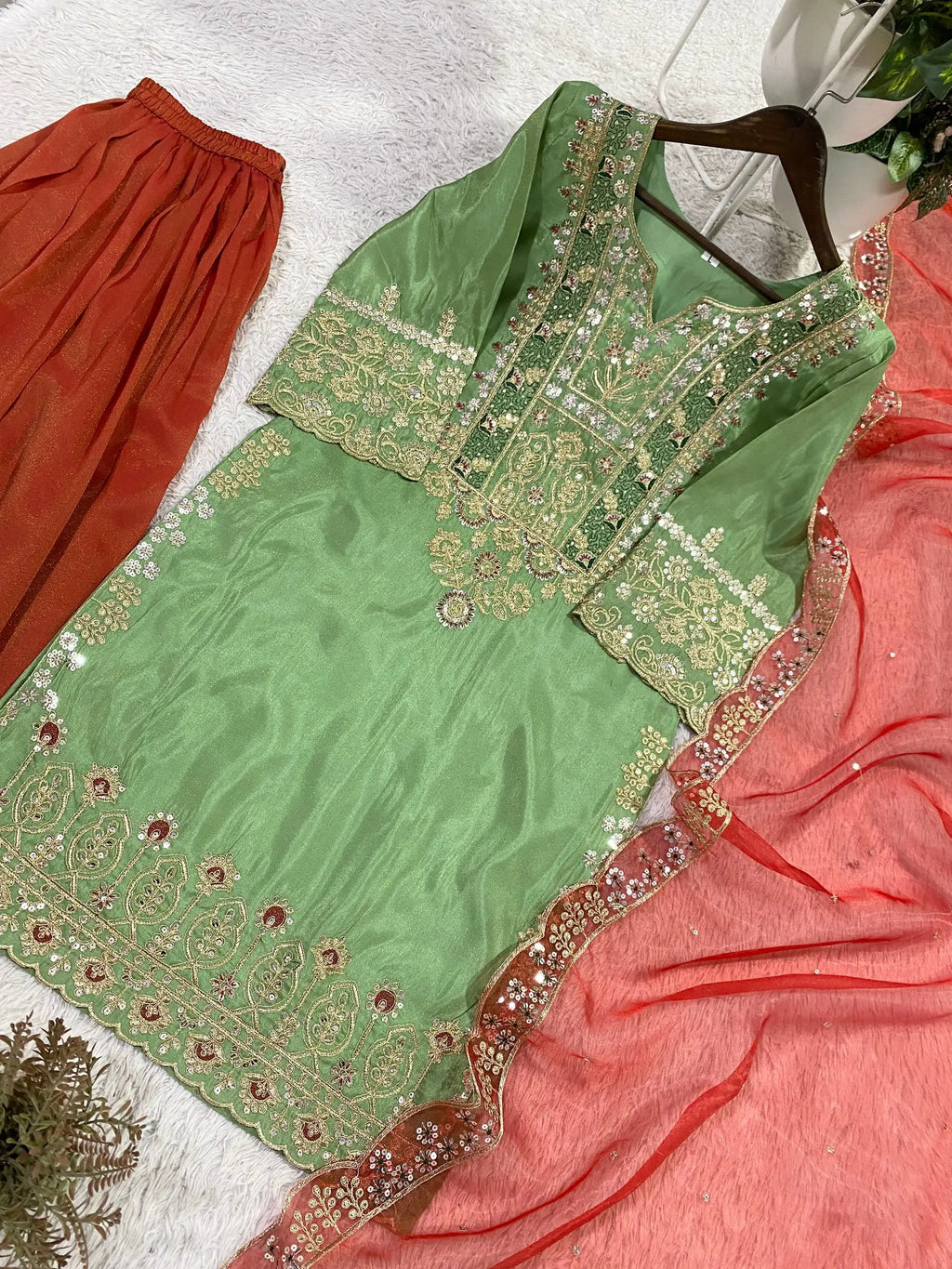 Elegant Pista Green Kurta Palazzo Set with Organza Dupatta & Sequence Embroidery Work