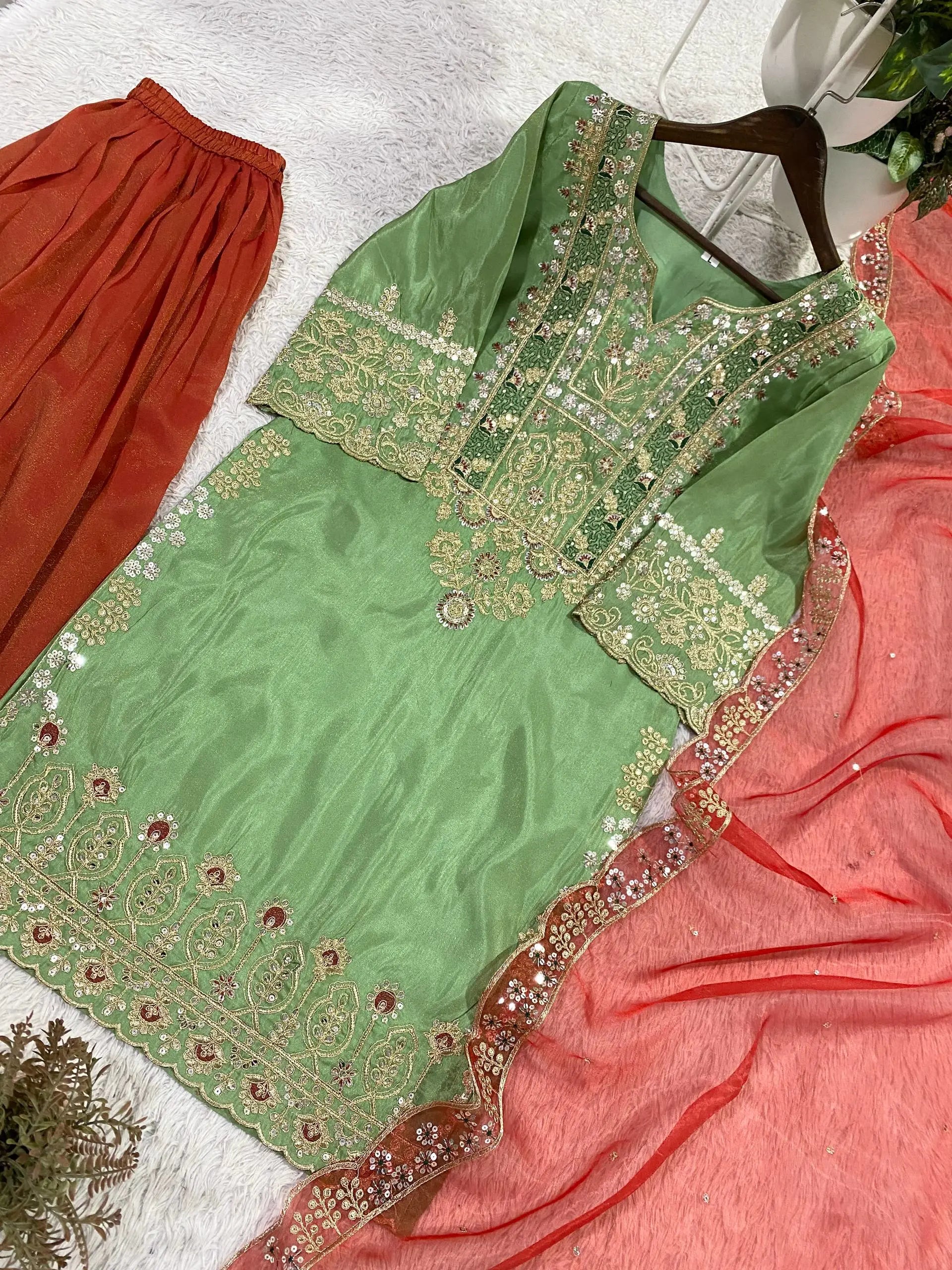 Elegant Pista Green Kurta Palazzo Set with Organza Dupatta & Sequence Embroidery Work