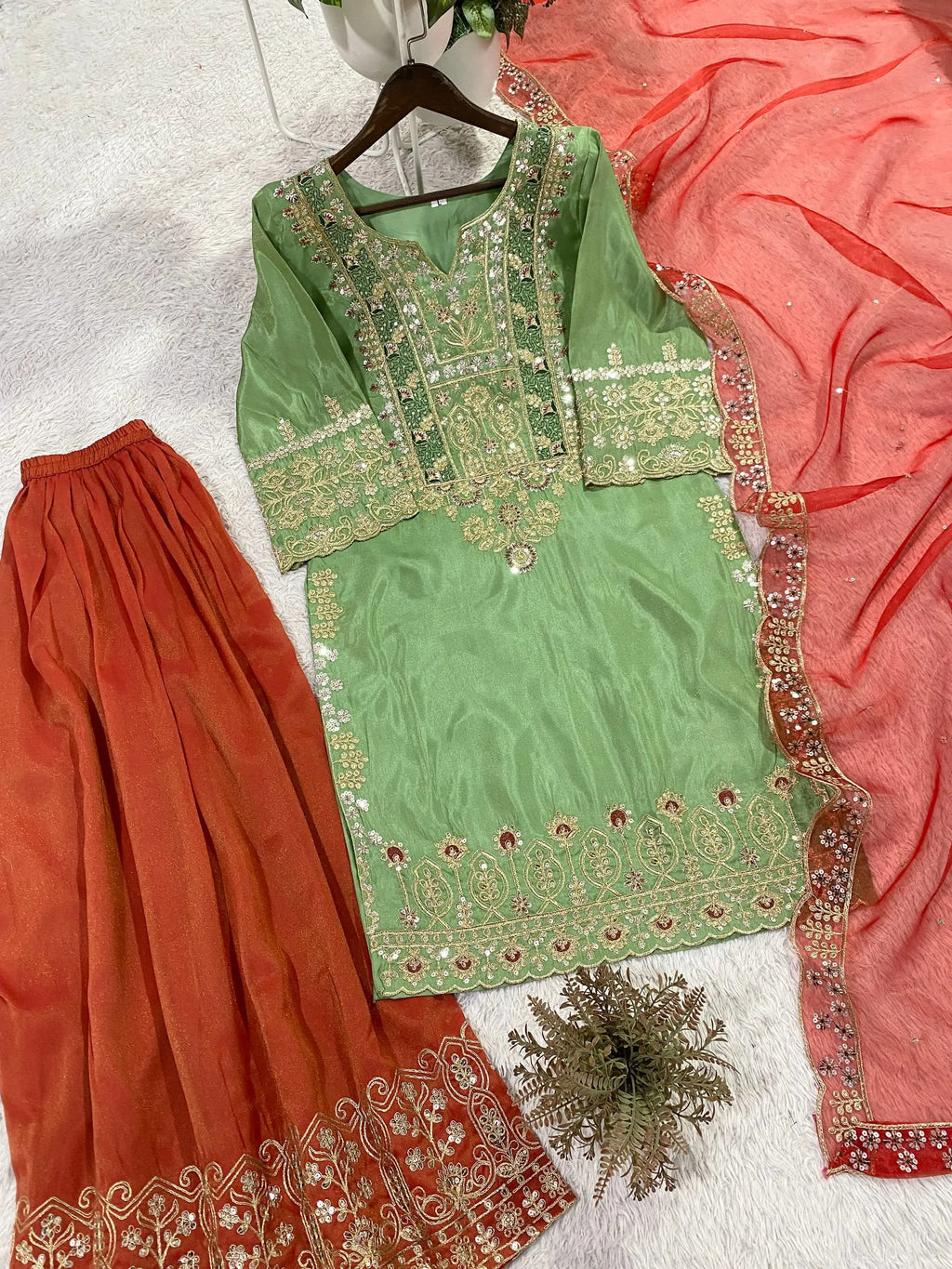Elegant Pista Green Kurta Palazzo Set with Organza Dupatta & Sequence Embroidery Work