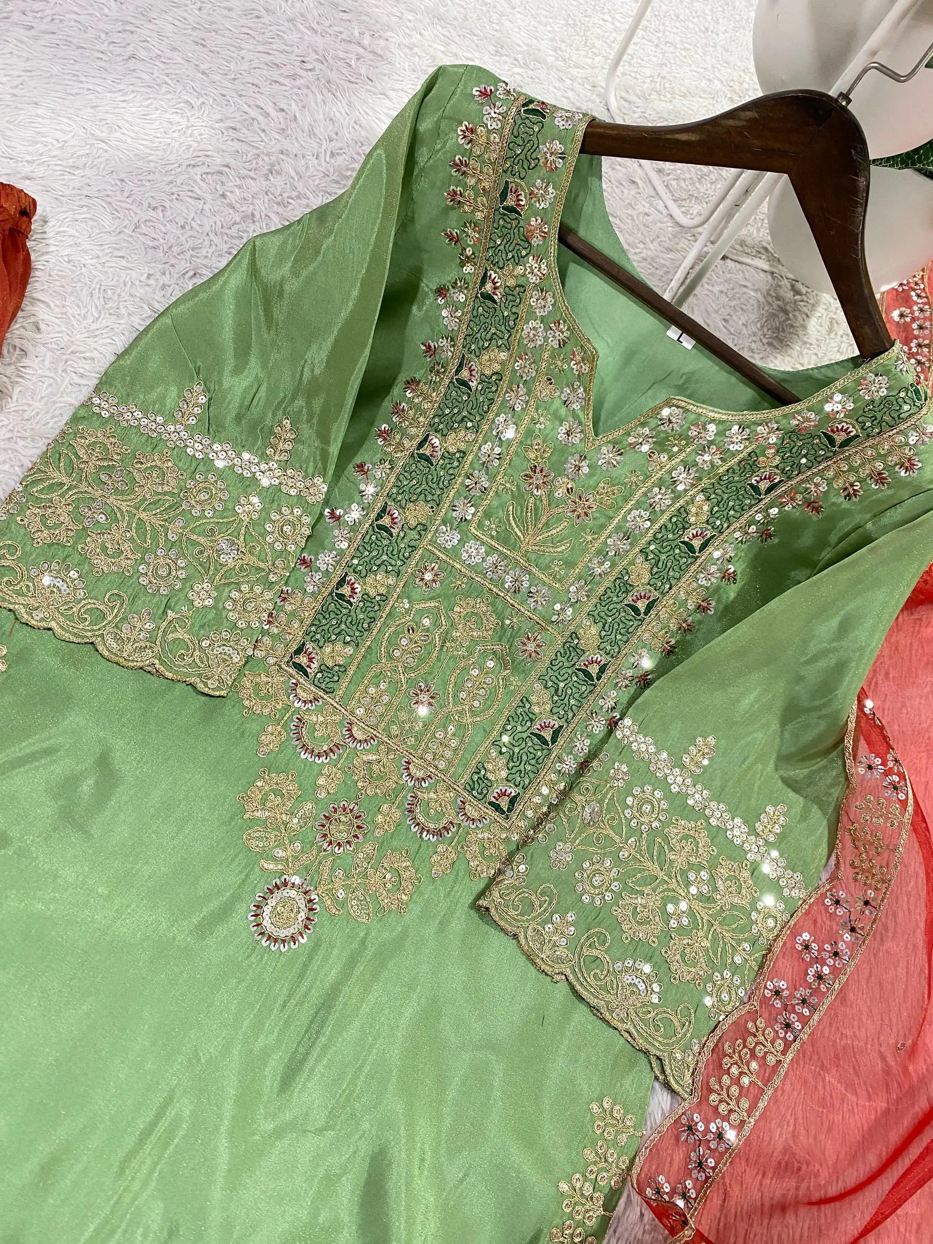 Elegant Pista Green Kurta Palazzo Set with Organza Dupatta & Sequence Embroidery Work