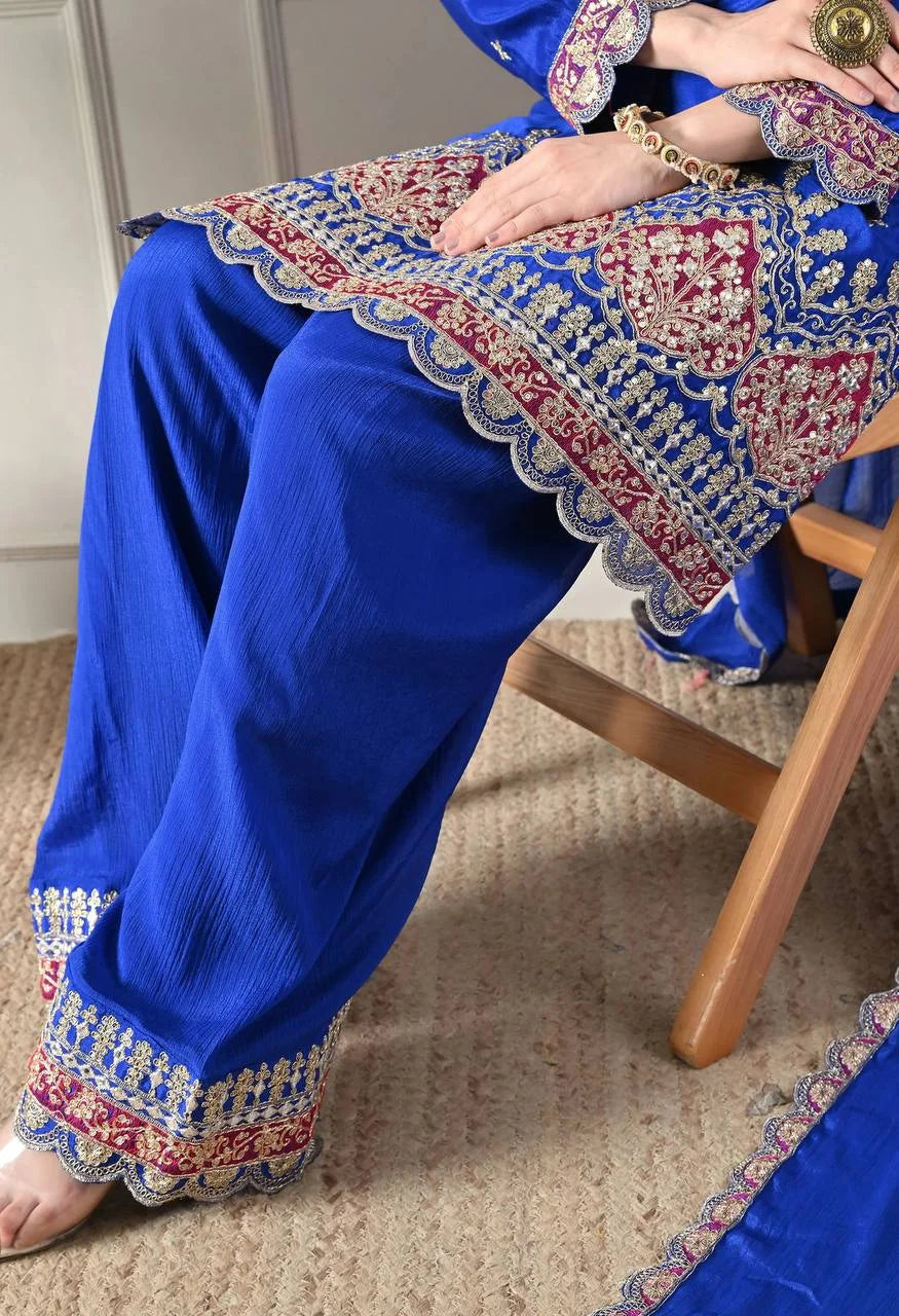 Premium Chinos Embroidered Farshi Plazzo Suit with Dupatta