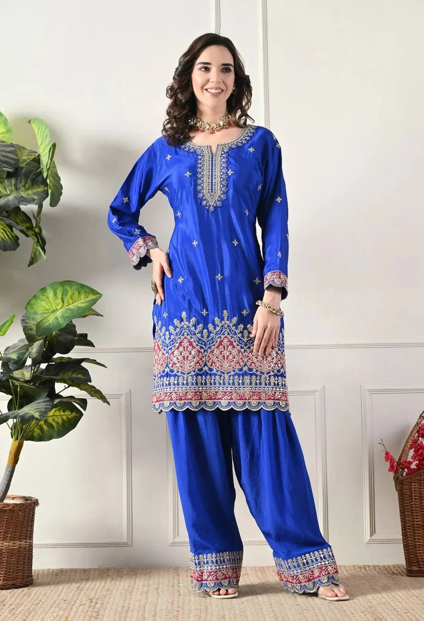 Premium Chinos Embroidered Farshi Plazzo Suit with Dupatta