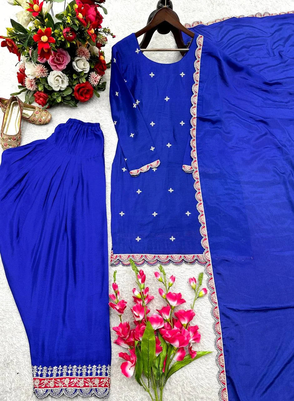 Premium Chinos Embroidered Farshi Plazzo Suit with Dupatta