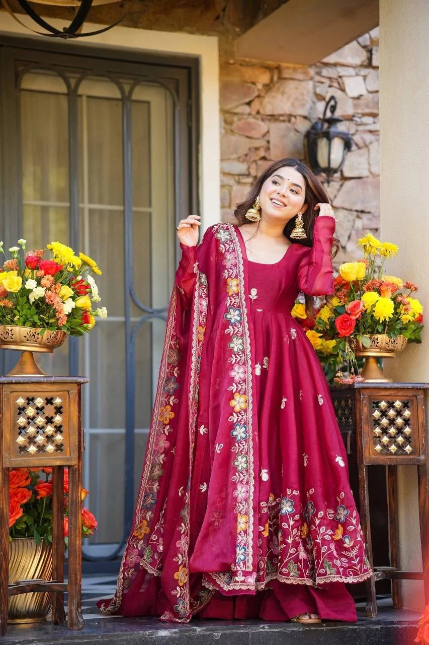 Luxury GMY Silk Anarkali Outfit with Plazzo & Embroidered Dupatta