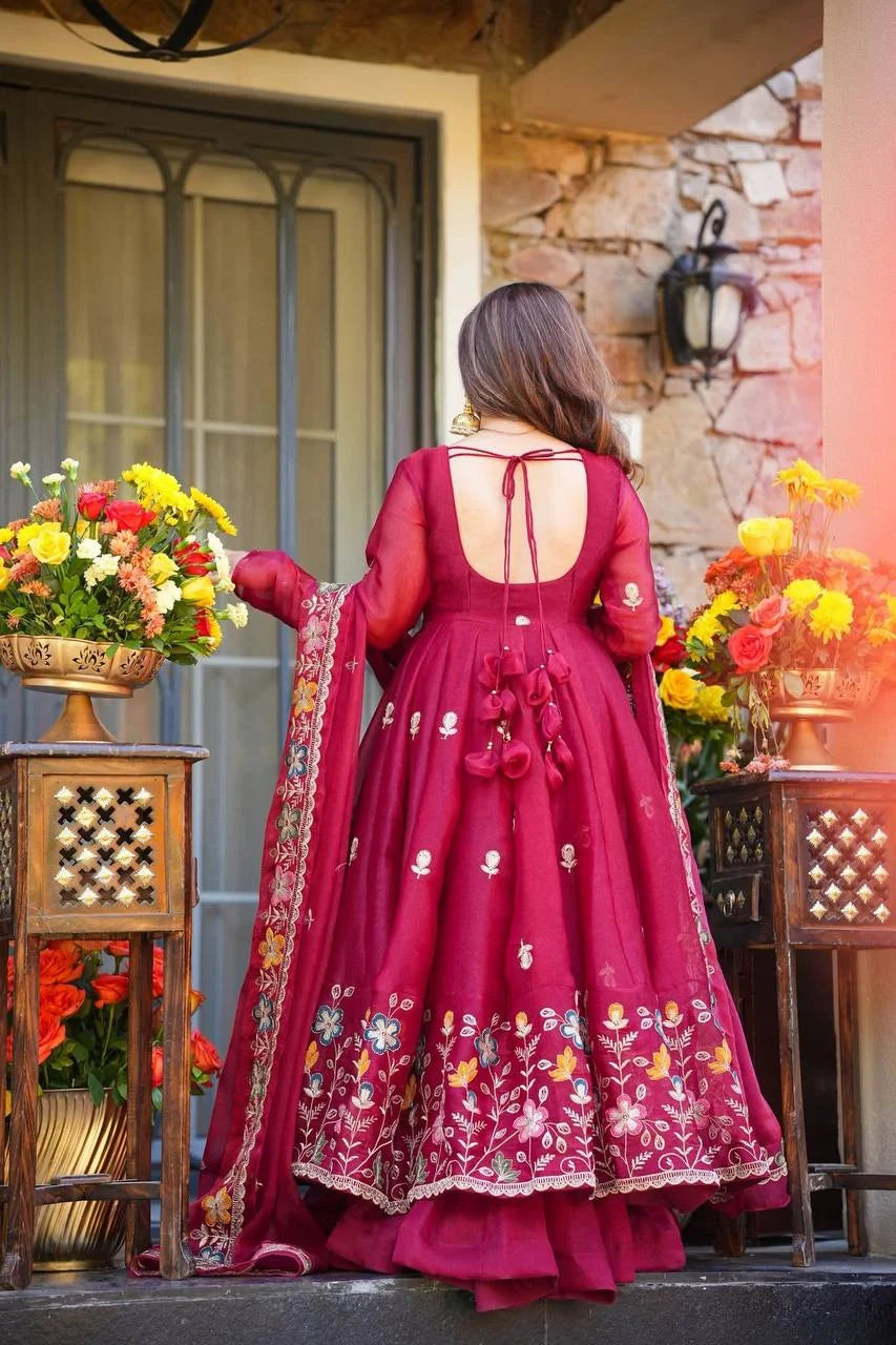 Luxury GMY Silk Anarkali Outfit with Plazzo & Embroidered Dupatta