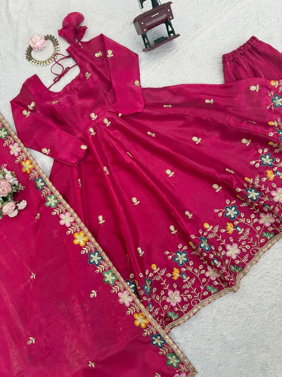 Luxury GMY Silk Anarkali Outfit with Plazzo & Embroidered Dupatta