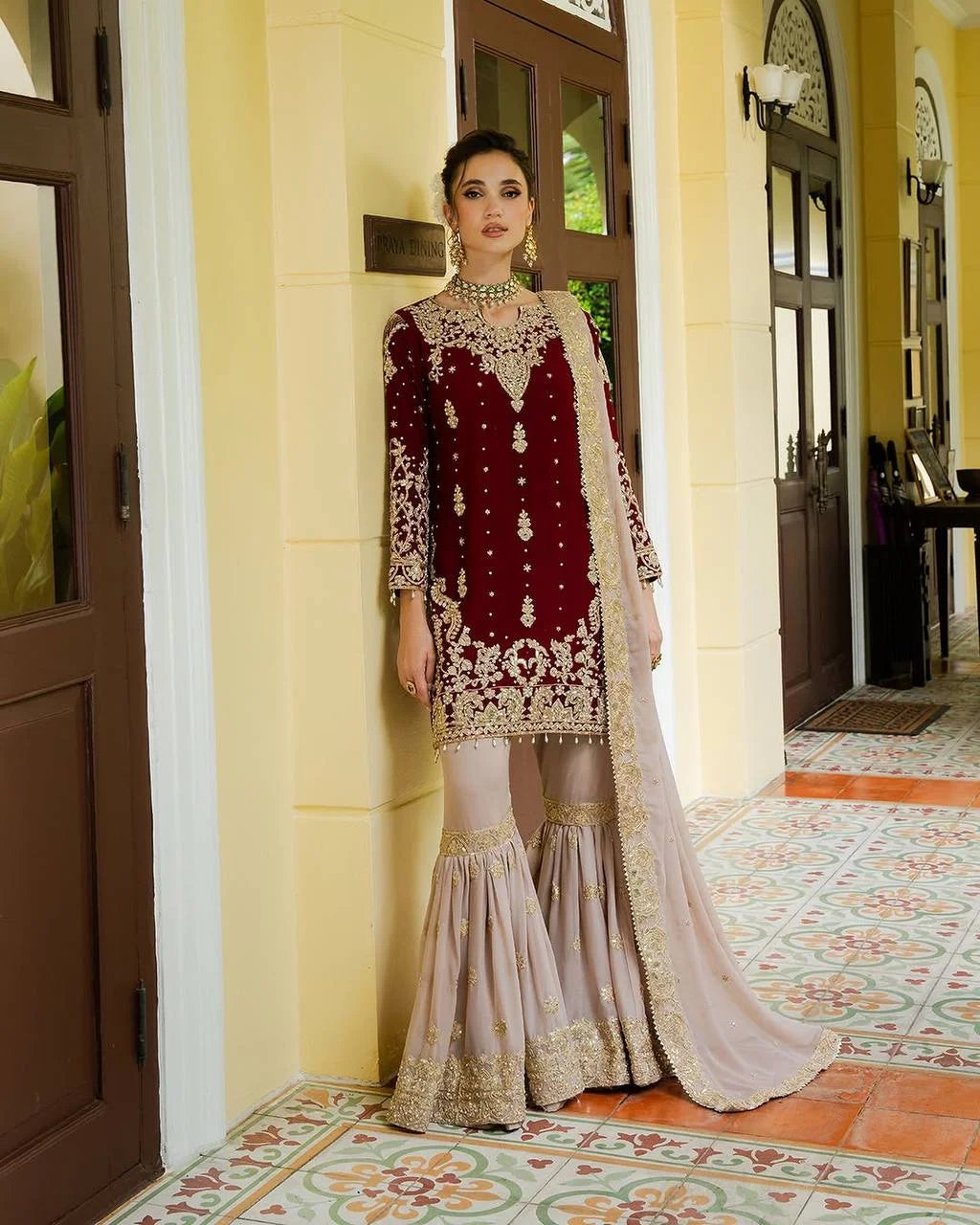 Festive Wear Faux Georgette Top Sharara Set with Dori & Sequence Embroidery