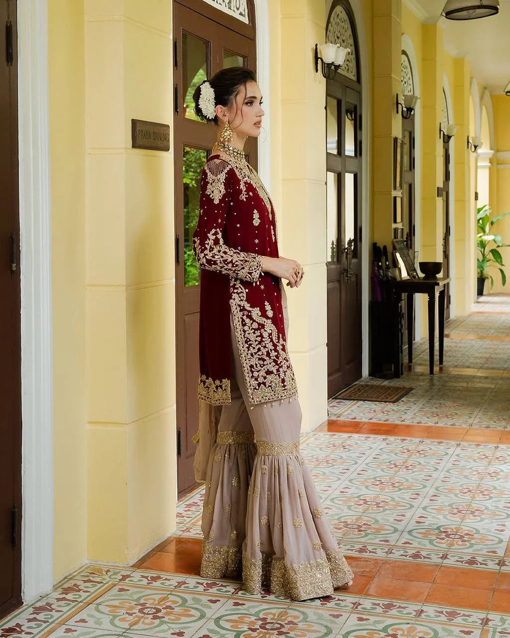 Festive Wear Faux Georgette Top Sharara Set with Dori & Sequence Embroidery