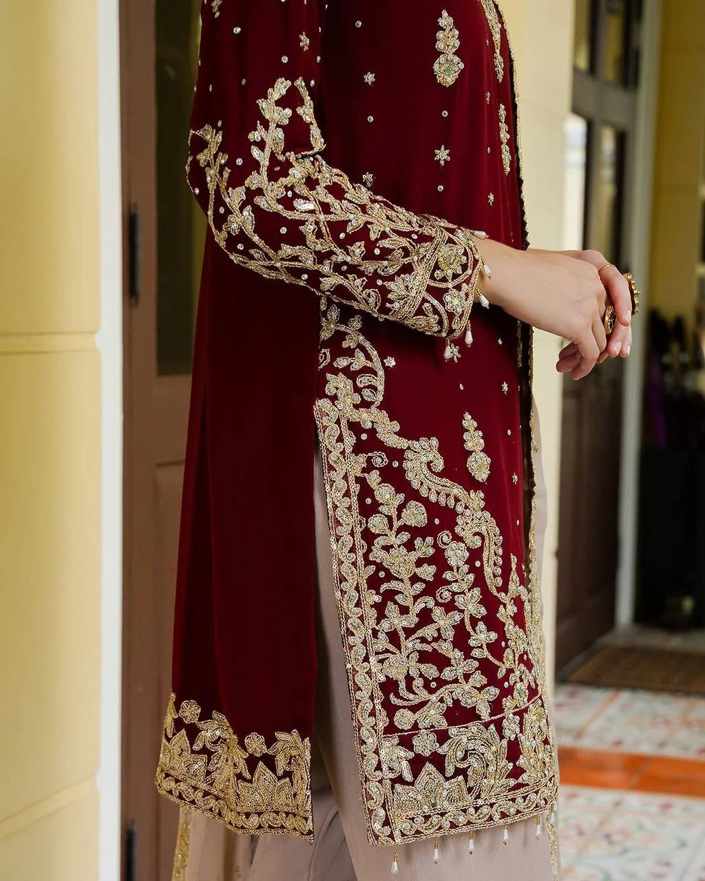 Festive Wear Faux Georgette Top Sharara Set with Dori & Sequence Embroidery