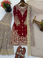 Festive Wear Faux Georgette Top Sharara Set with Dori & Sequence Embroidery