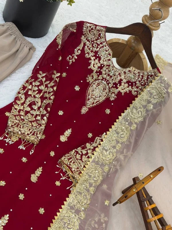 Festive Wear Faux Georgette Top Sharara Set with Dori & Sequence Embroidery