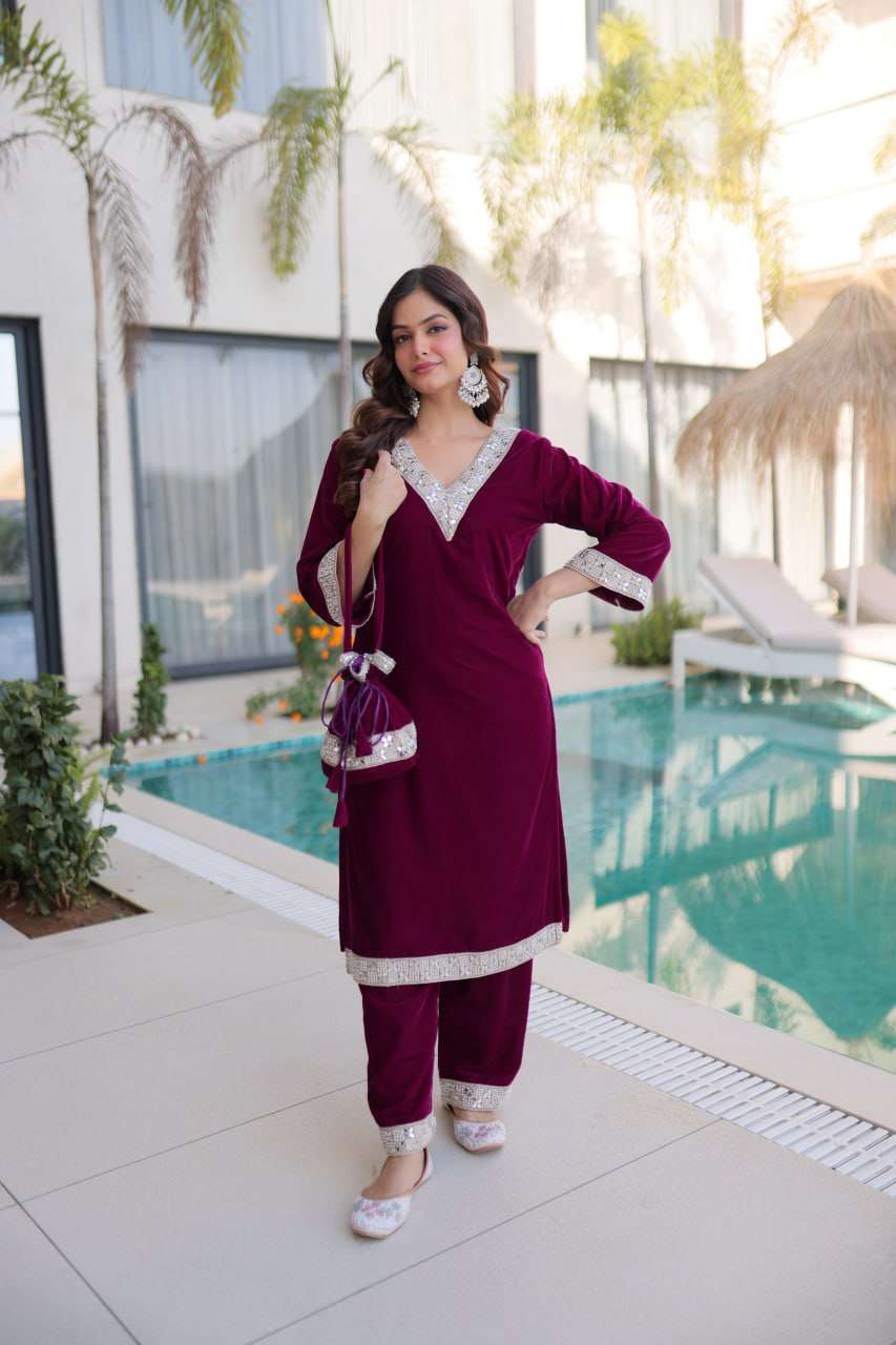 Elegant Velvet Zari Embroidered Set with Bell Sleeve Top & Batwa