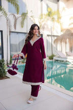 Elegant Velvet Zari Embroidered Set with Bell Sleeve Top & Batwa