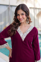 Elegant Velvet Zari Embroidered Set with Bell Sleeve Top & Batwa