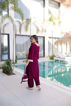 Elegant Velvet Zari Embroidered Set with Bell Sleeve Top & Batwa
